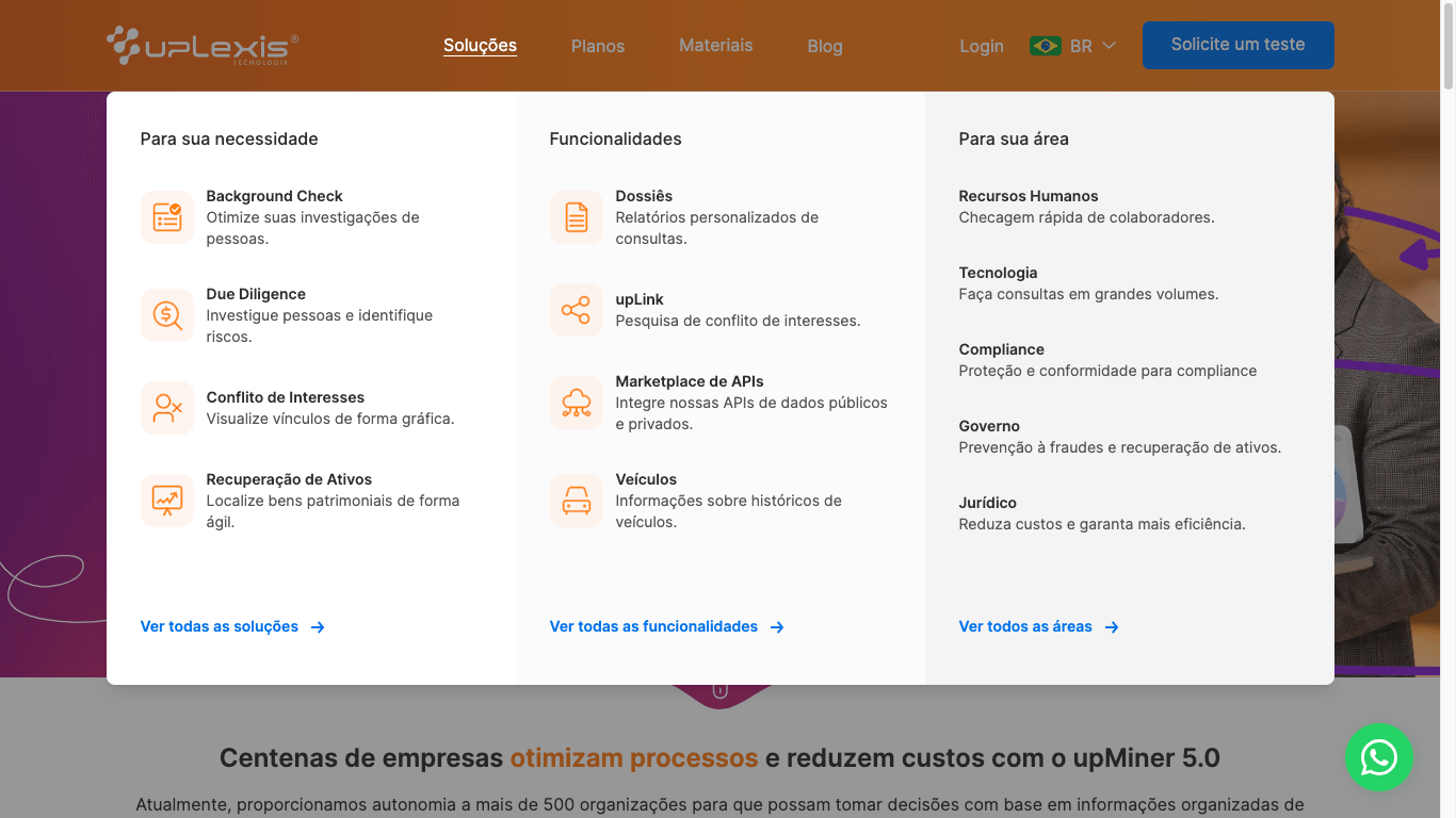 Mega menu do site da UpLexis