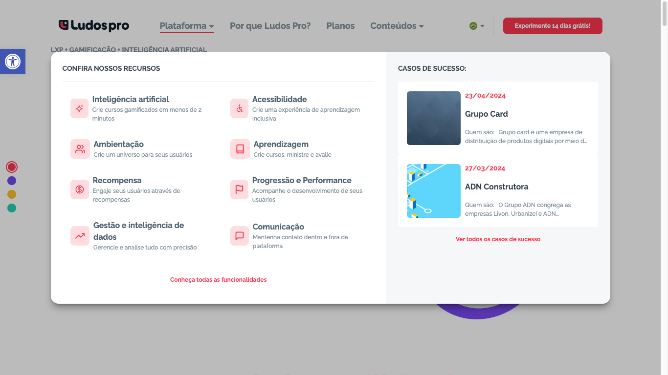 Mega menu do site da Ludos Pro